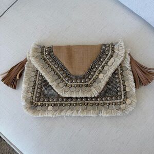 New SHASHI Beige and tan coin fringe boho Embellished Clutch bag handbag purse